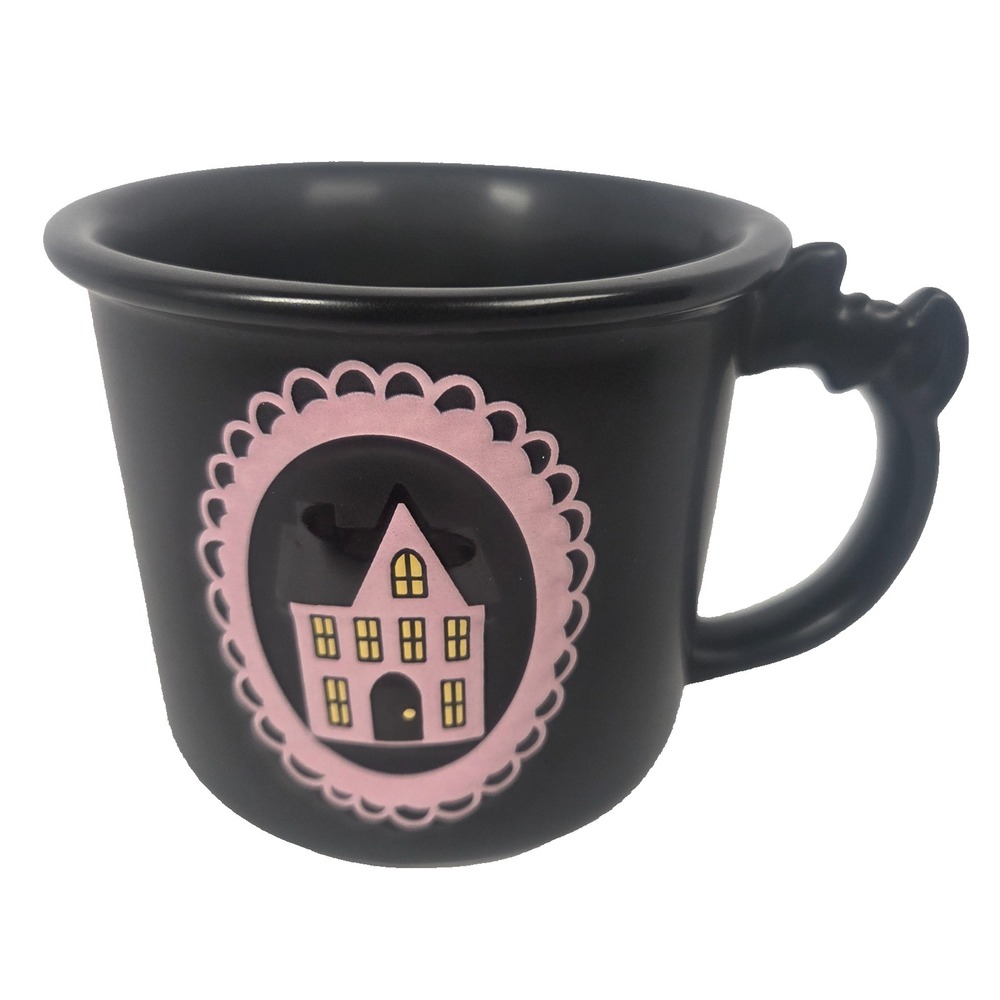 Halloween Black Mug Pink Haunted House Bat Handle Gothic Coffee Cup
